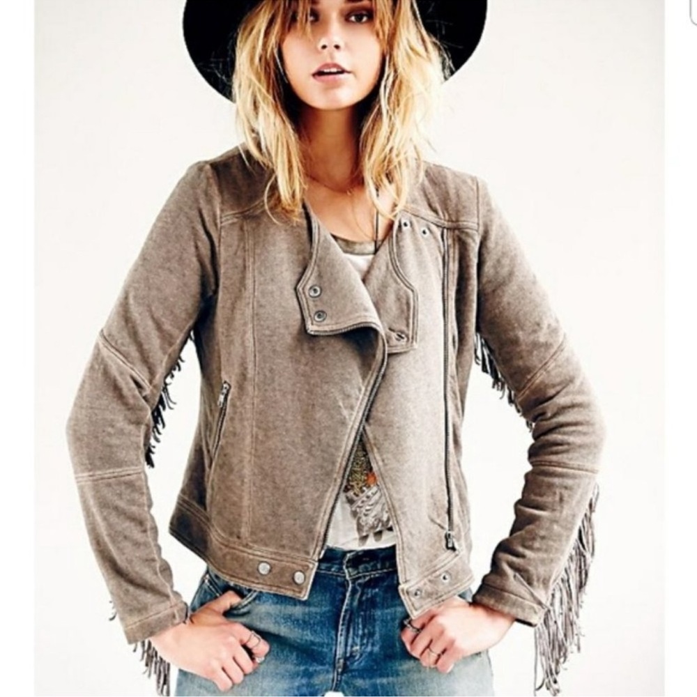 FREE PEOPLE Fringe Moto Tan Taupe Jacket M